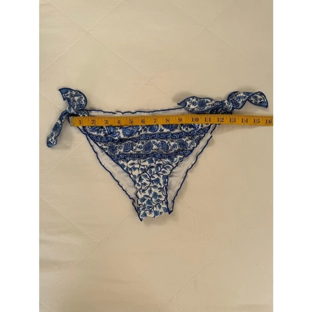 J.Crew Womens Blue White‎ Block Print Floral Side Tie Bikini Bottom Medium